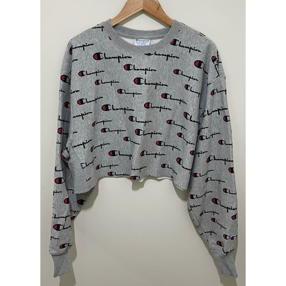 Champion Tops - Champion Women's Gray All-Over Logo Crop Sweatshirt, Size XL